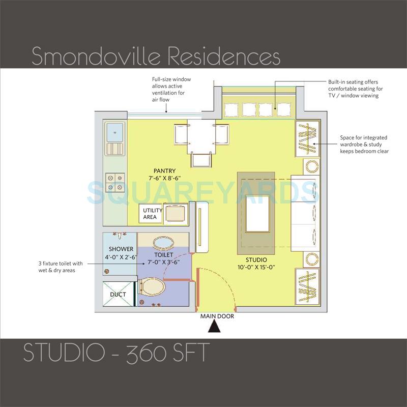 Floor plan of 1 BHK 360 Sq. Ft. Apartment in Patel Smondoville, Bangalore