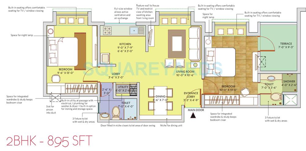 Floor plan of 2 BHK 895 Sq. Ft. Apartment in Patel Smondoville, Bangalore
