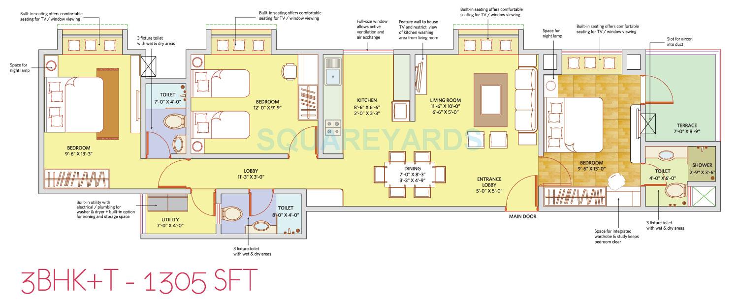 Floor plan of 3 BHK 1305 Sq. Ft. Apartment in Patel Smondoville, Bangalore