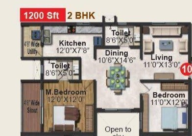 Floor plan of 2 BHK 1200 Sq. Ft. Apartment in Pavani Divine, Bangalore
