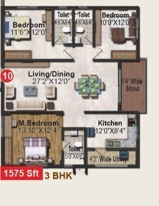 Floor plan of 3 BHK 1575 Sq. Ft. Apartment in Pavani Divine, Bangalore