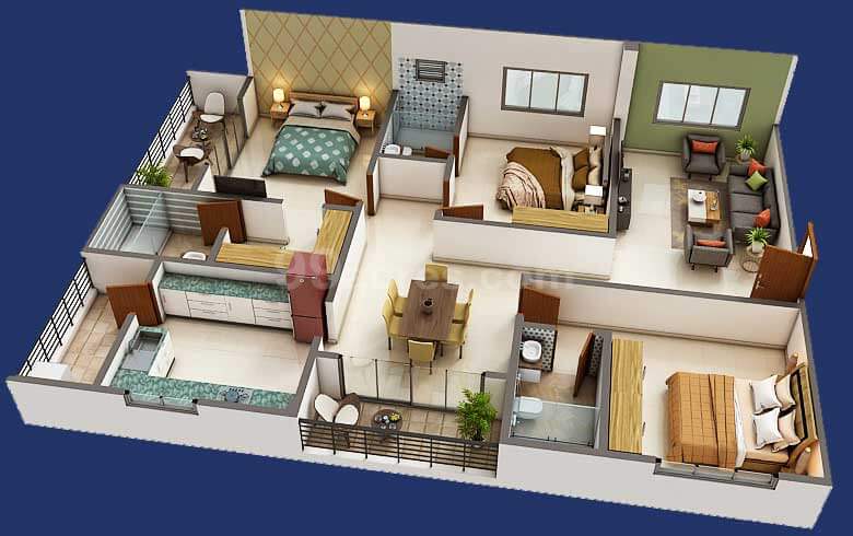 Floor plan of 3 BHK 1768 Sq. Ft. Apartment in Pavani Divine, Bangalore