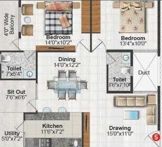 Floor plan of 2 BHK 1165 Sq. Ft. Apartment in Pavani Ishta, Bangalore