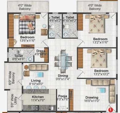 Floor plan of 3 BHK 1755 Sq. Ft. Apartment in Pavani Ishta, Bangalore