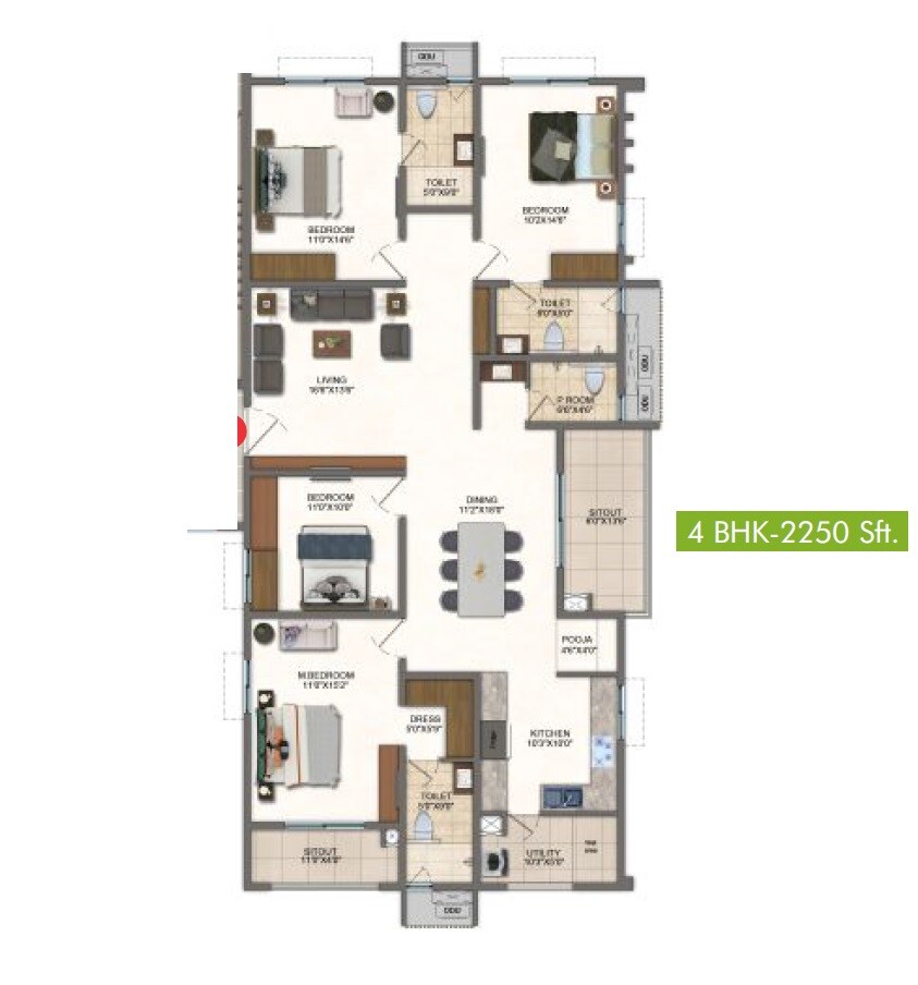 Floor plan of 4 BHK 2250 Sq. Ft. Apartment in Pavani Mirabilia, Bangalore