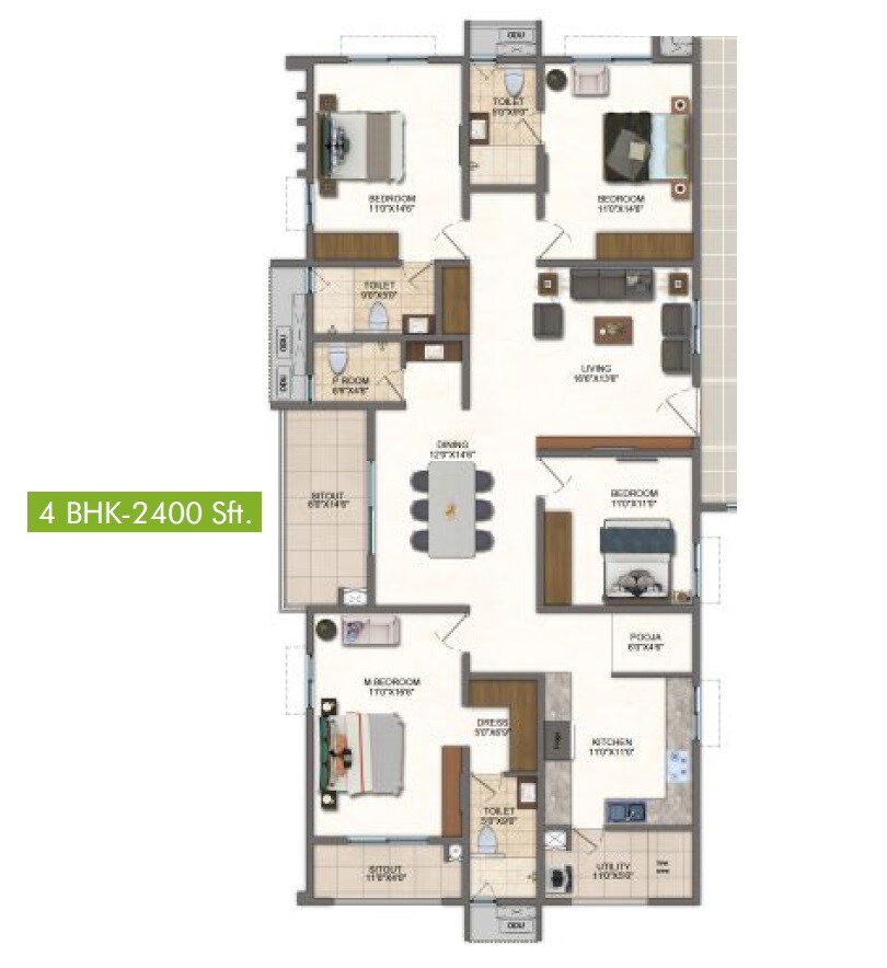 Floor plan of 4 BHK 2400 Sq. Ft. Apartment in Pavani Mirabilia, Bangalore