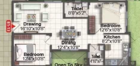 Floor plan of 2 BHK 1210 Sq. Ft. Apartment in Pavani Sarovar, Bangalore