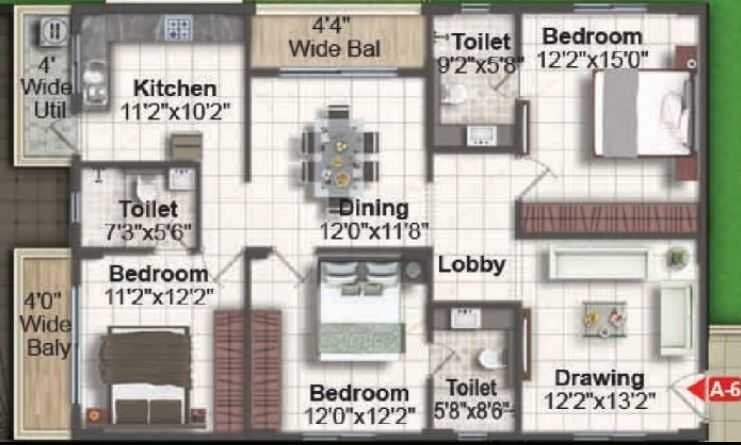 Floor plan of 3 BHK 1240 Sq. Ft. Apartment in Pavani Sarovar, Bangalore