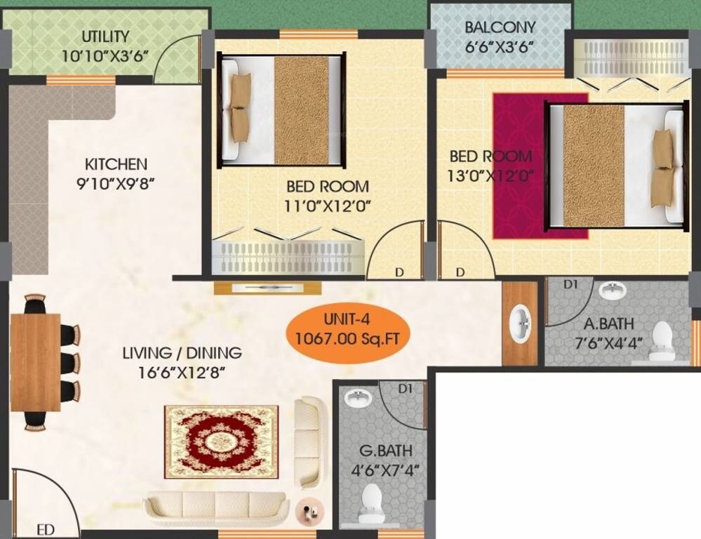 Floor plan of 2 BHK 1067 Sq. Ft. Apartment in PBR Meadows, Bangalore