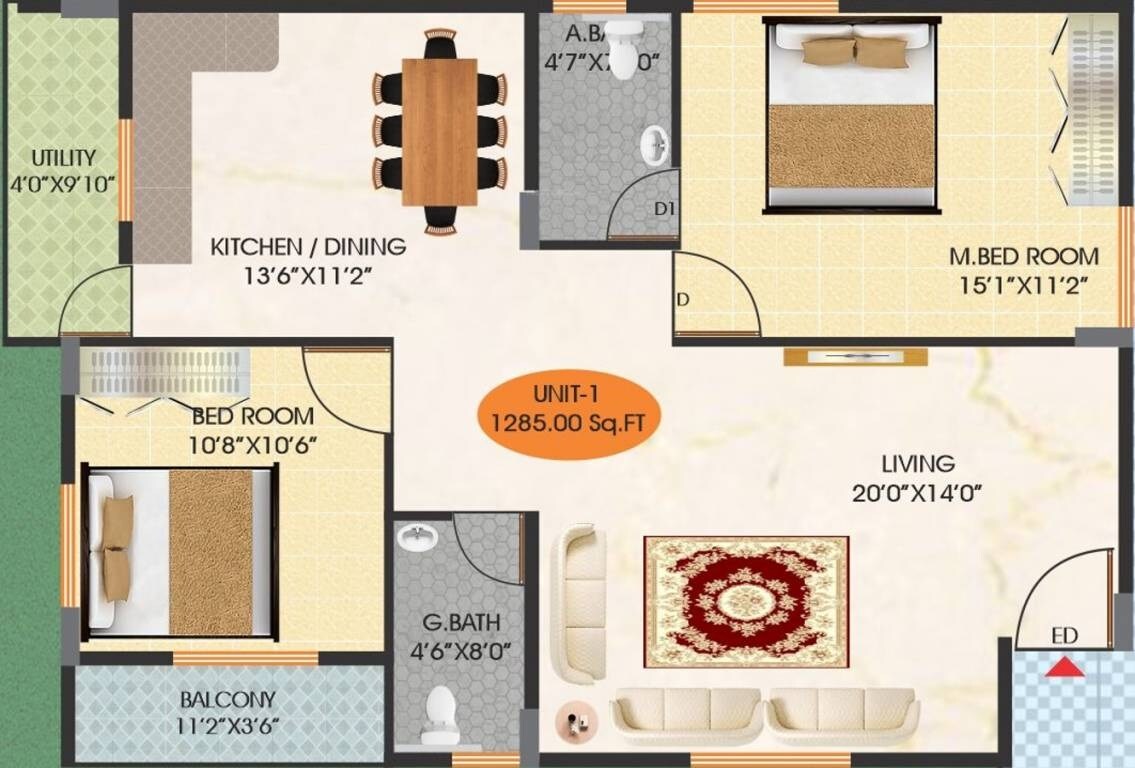 Floor plan of 2 BHK 1285 Sq. Ft. Apartment in PBR Meadows, Bangalore