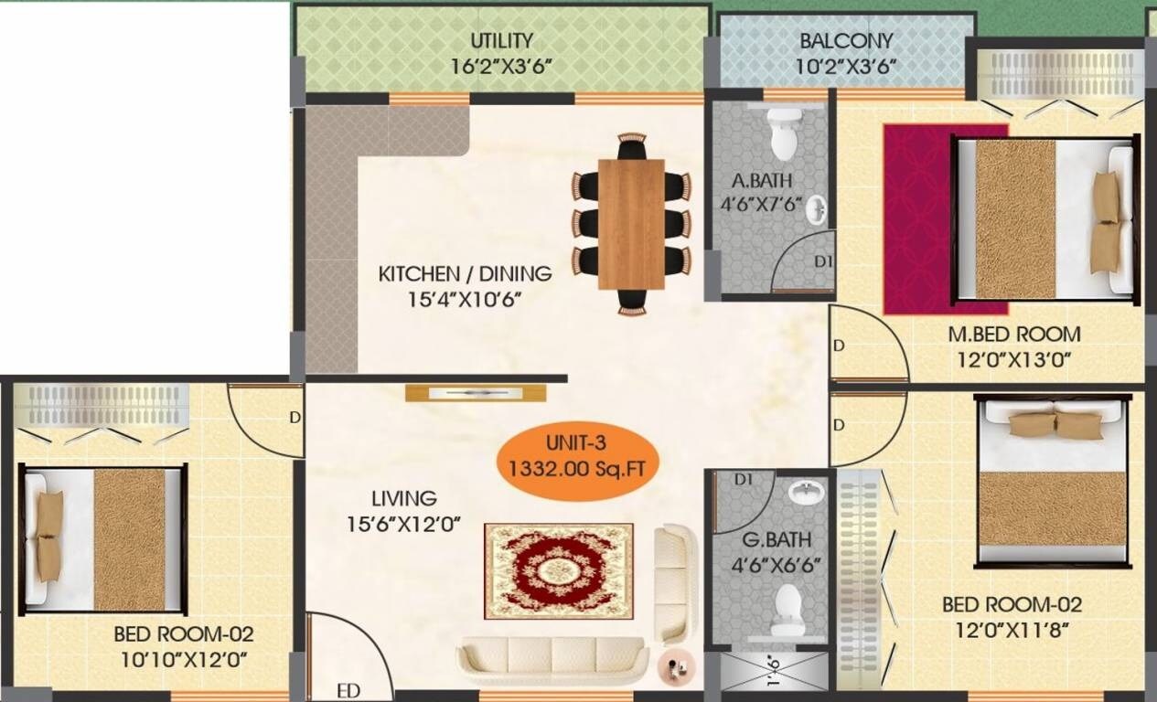 Floor plan of 3 BHK 1332 Sq. Ft. Apartment in PBR Meadows, Bangalore