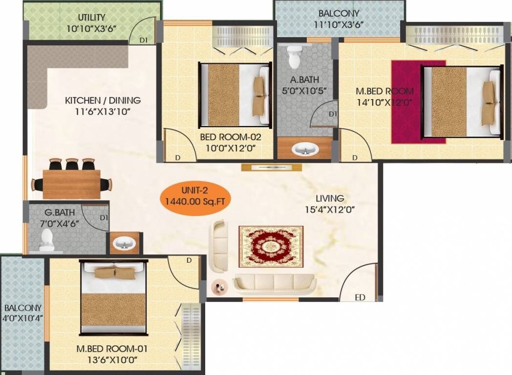 Floor plan of 3 BHK 1440 Sq. Ft. Apartment in PBR Meadows, Bangalore