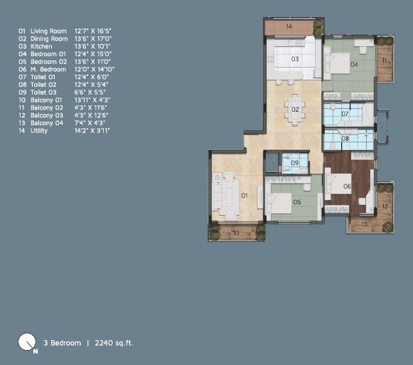 Floor plan of 3 BHK 2240 Sq. Ft. Apartment in PCOC Lanai, Bangalore