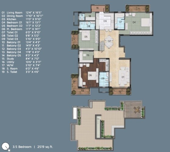 Floor plan of 3 BHK 2519 Sq. Ft. Apartment in PCOC Lanai, Bangalore