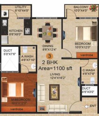 Floor plan of 2 BHK Apartment - 1100 sq. ft. in Peace Paramount, Bangalore