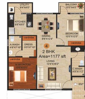 Floor plan of 2 BHK Apartment - 1177 sq. ft. in Peace Paramount, Bangalore
