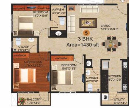 Floor plan of 3 BHK Apartment - 1430 sq. ft. in Peace Paramount, Bangalore