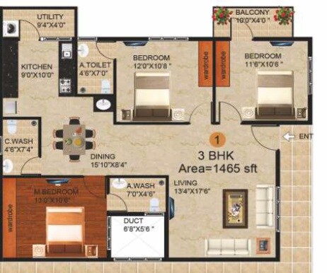 Floor plan of 3 BHK Apartment - 1465 sq. ft. in Peace Paramount, Bangalore