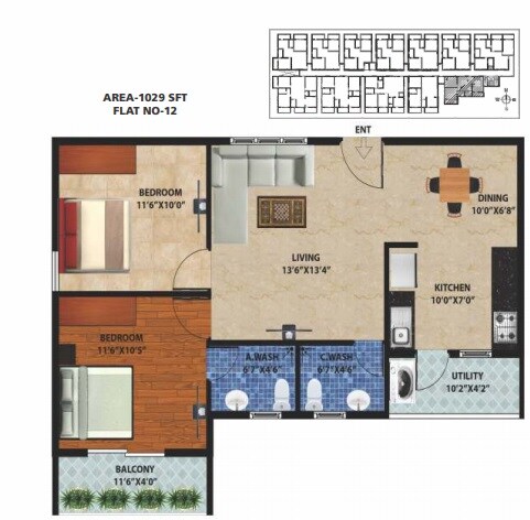 Floor plan of 2 BHK 1029 Sq. Ft. Apartment in Peace Rhythm, Bangalore