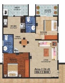 Floor plan of 2 BHK 1136 Sq. Ft. Apartment in Peace Rhythm, Bangalore