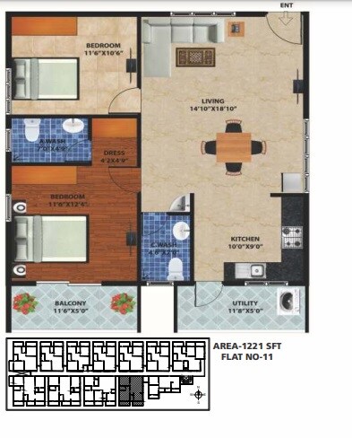 Floor plan of 2 BHK 1221 Sq. Ft. Apartment in Peace Rhythm, Bangalore