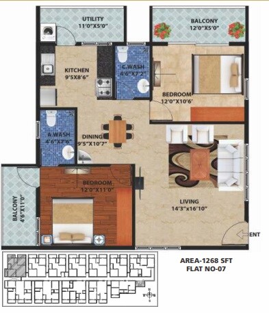 Floor plan of 2 BHK 1268 Sq. Ft. Apartment in Peace Rhythm, Bangalore