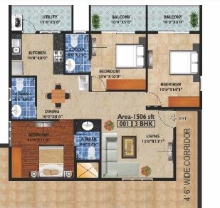 Floor plan of 3 BHK 1506 Sq. Ft. Apartment in Peace Rhythm, Bangalore