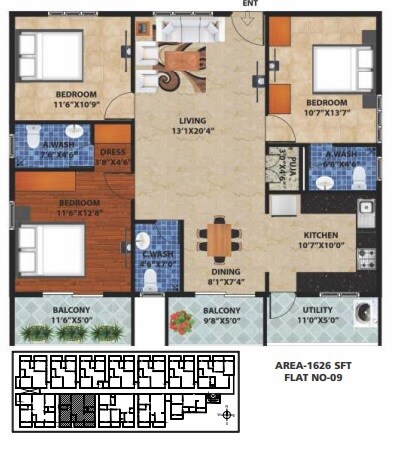 Floor plan of 3 BHK 1626 Sq. Ft. Apartment in Peace Rhythm, Bangalore