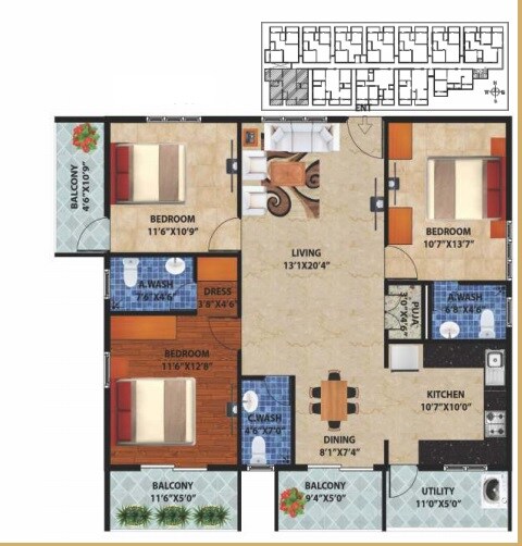 Floor plan of 3 BHK 1694 Sq. Ft. Apartment in Peace Rhythm, Bangalore