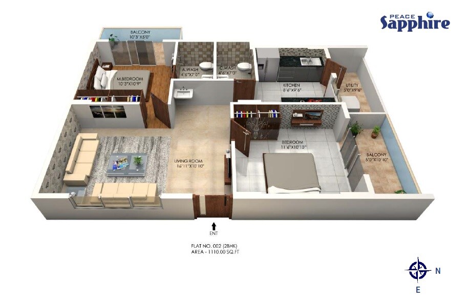 Floor plan of 2 BHK 1110 Sq. Ft. Apartment in Peace Sapphire, Bangalore
