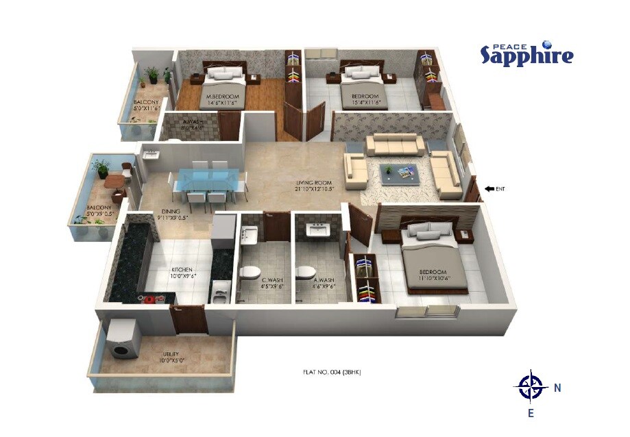 Floor plan of 3 BHK 1760 Sq. Ft. Apartment in Peace Sapphire, Bangalore