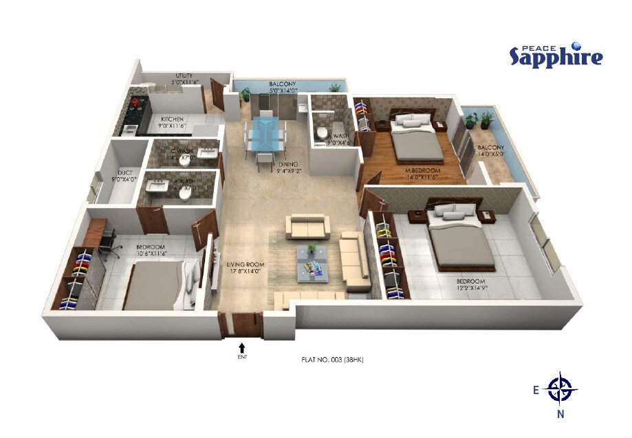 Floor plan of 3 BHK 2023 Sq. Ft. Apartment in Peace Sapphire, Bangalore