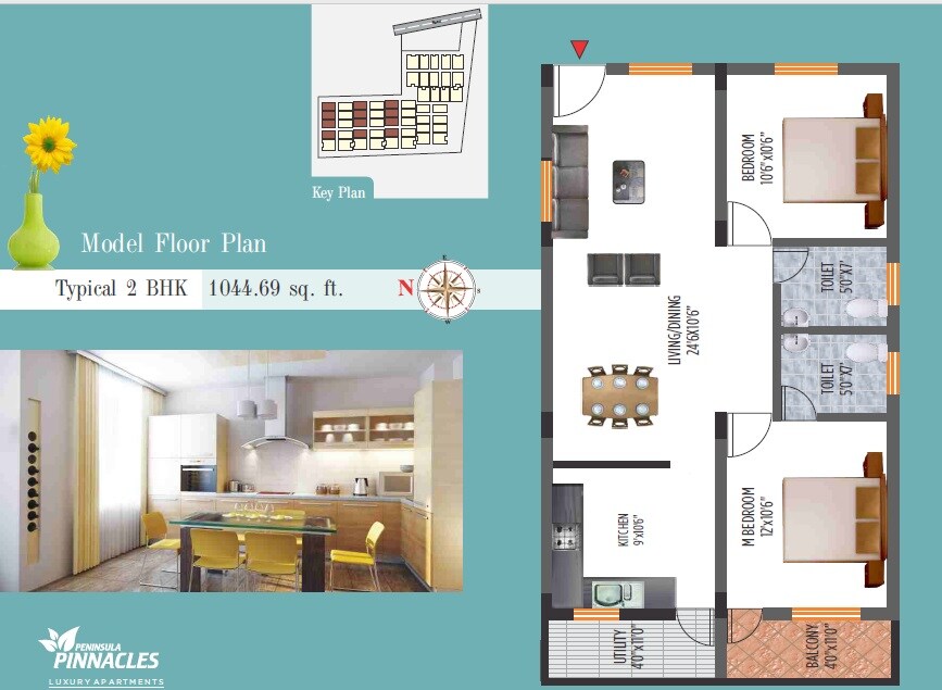 Floor plan of 2 BHK 1044 Sq. Ft. Apartment in Peninsula Infra Pinnacles, Bangalore