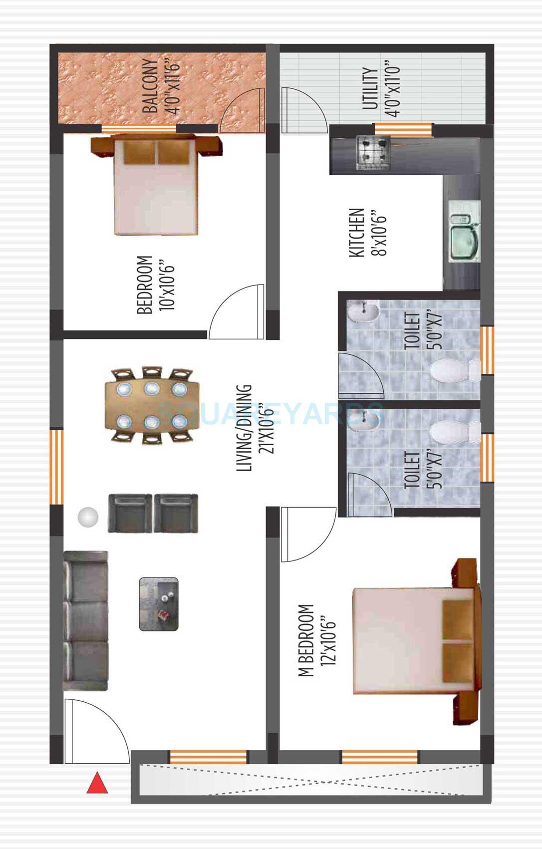 Floor plan of 2 BHK 971 Sq. Ft. Apartment in Peninsula Infra Pinnacles, Bangalore