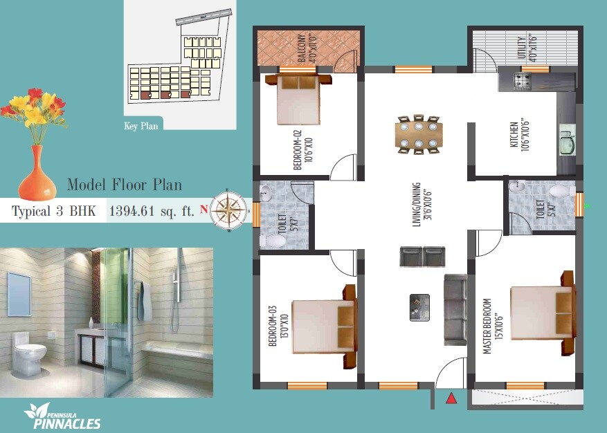 Floor plan of 3 BHK 1394 Sq. Ft. Apartment in Peninsula Infra Pinnacles, Bangalore