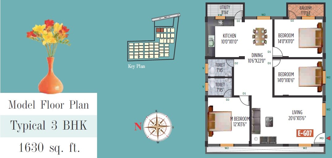 Floor plan of 3 BHK 1630 Sq. Ft. Apartment in Peninsula Infra Pinnacles, Bangalore