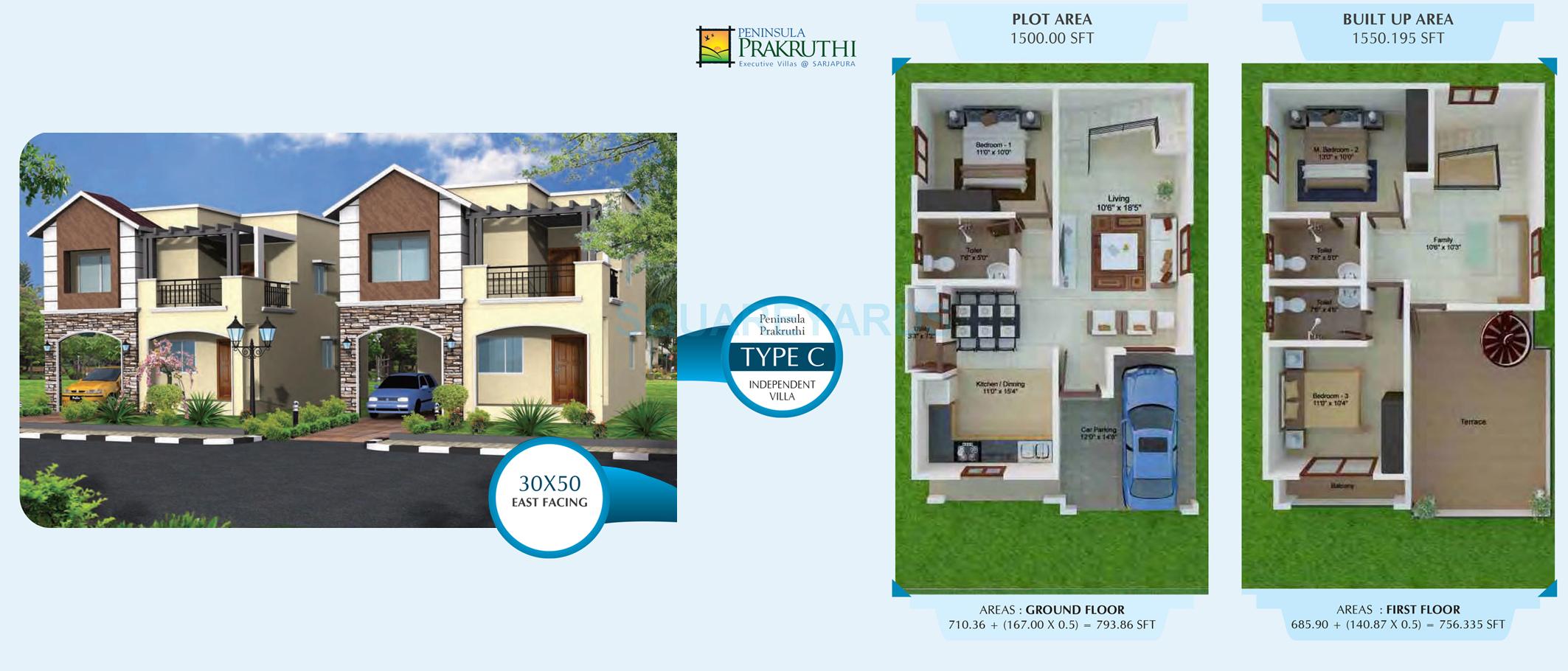 Floor plan of 3 BHK 1550 Sq. Ft. Villa in Peninsula Infra Prakruthi, Bangalore