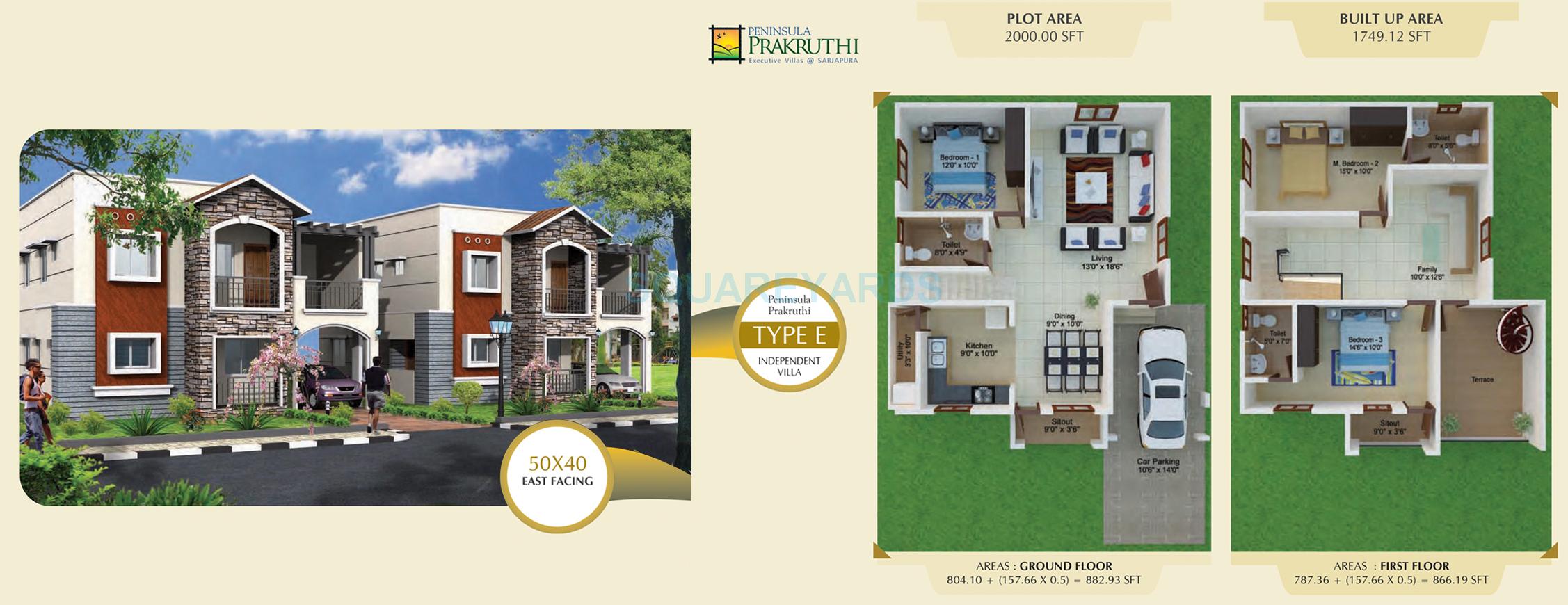 Floor plan of 3 BHK 1750 Sq. Ft. Villa in Peninsula Infra Prakruthi, Bangalore
