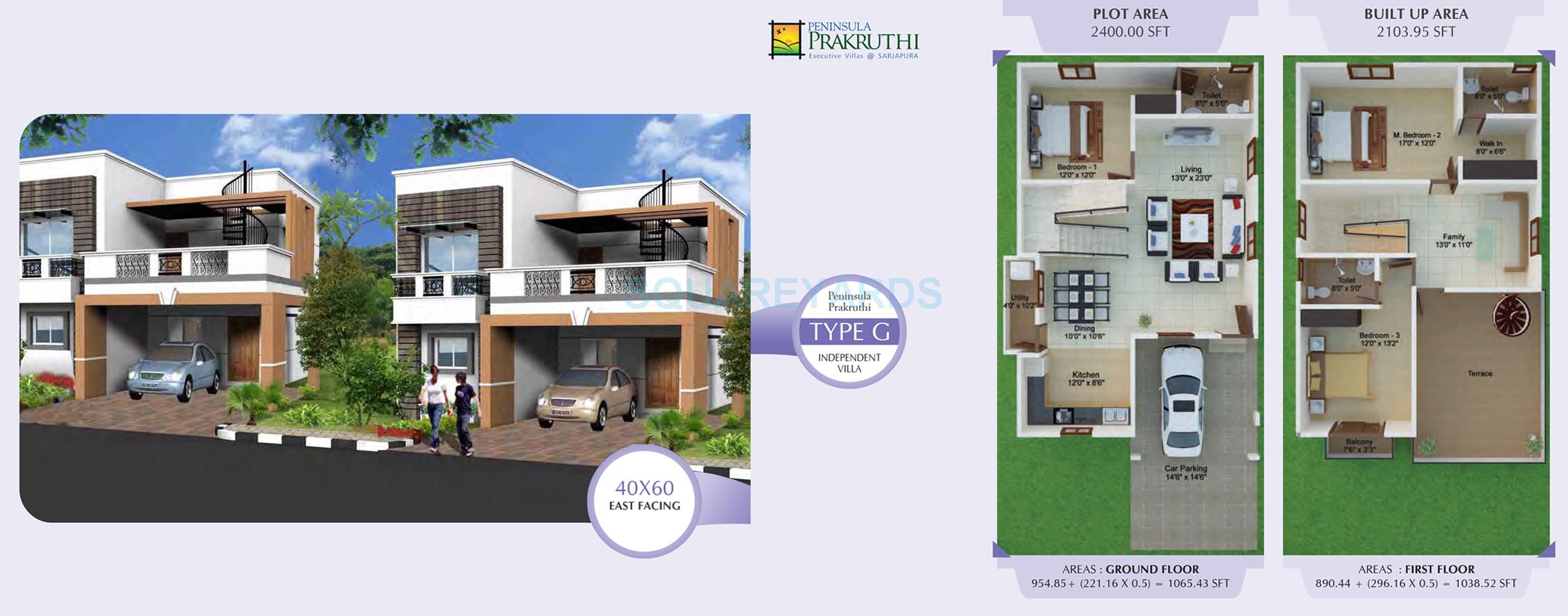 Floor plan of 3 BHK 2200 Sq. Ft. Villa in Peninsula Infra Prakruthi, Bangalore