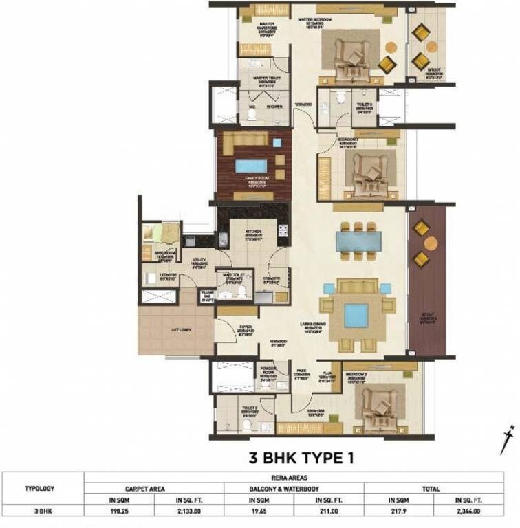 Floor plan of 3 BHK 2344 Sq. Ft. Apartment in Peninsula Land Heights, Bangalore