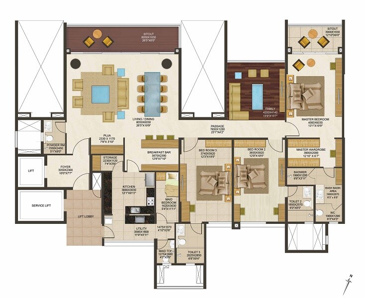 Floor plan of 3 BHK 2791 Sq. Ft. Apartment in Peninsula Land Heights, Bangalore