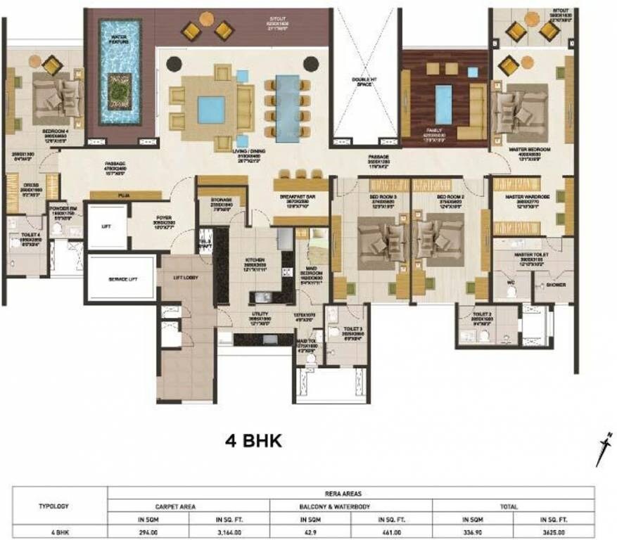 Floor plan of 4 BHK 3625 Sq. Ft. Apartment in Peninsula Land Heights, Bangalore