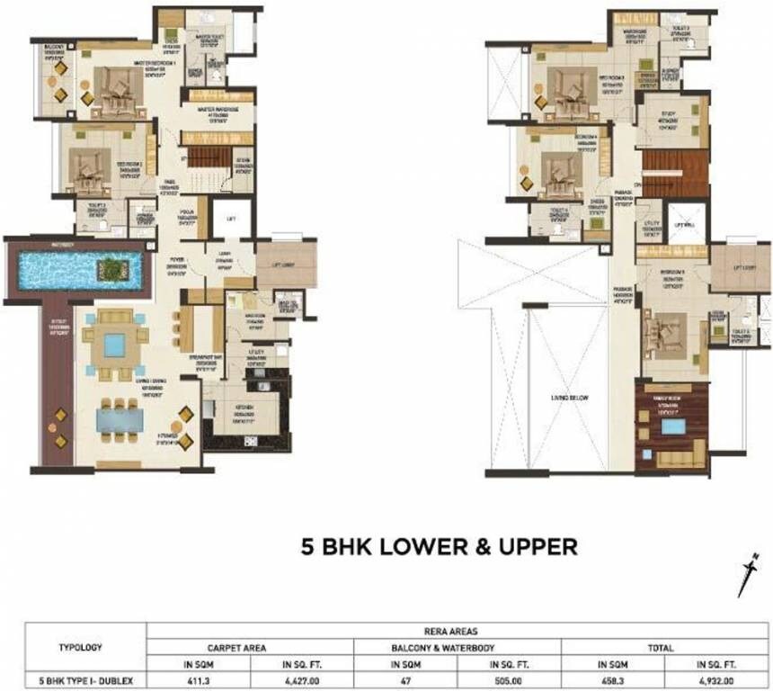 Floor plan of 5 BHK 4932 Sq. Ft. Apartment in Peninsula Land Heights, Bangalore