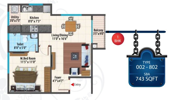 Floor plan of 1 BHK 743 Sq. Ft. Apartment in Peninsula Paramount, Bangalore