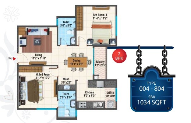 Floor plan of 2 BHK 1034 Sq. Ft. Apartment in Peninsula Paramount, Bangalore