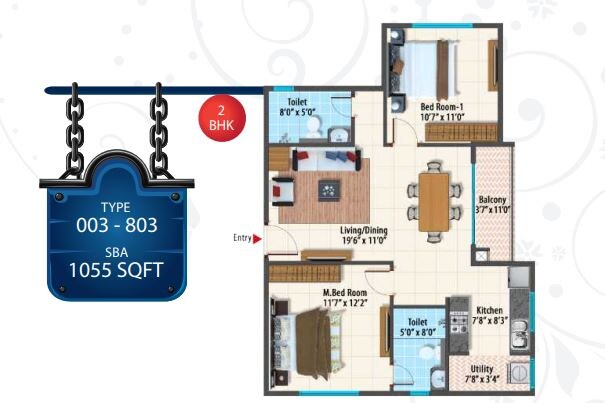 Floor plan of 2 BHK 1055 Sq. Ft. Apartment in Peninsula Paramount, Bangalore