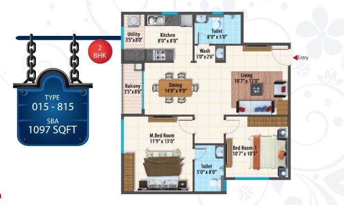 Floor plan of 2 BHK 1097 Sq. Ft. Apartment in Peninsula Paramount, Bangalore