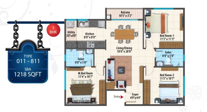 Floor plan of 3 BHK 1218 Sq. Ft. Apartment in Peninsula Paramount, Bangalore