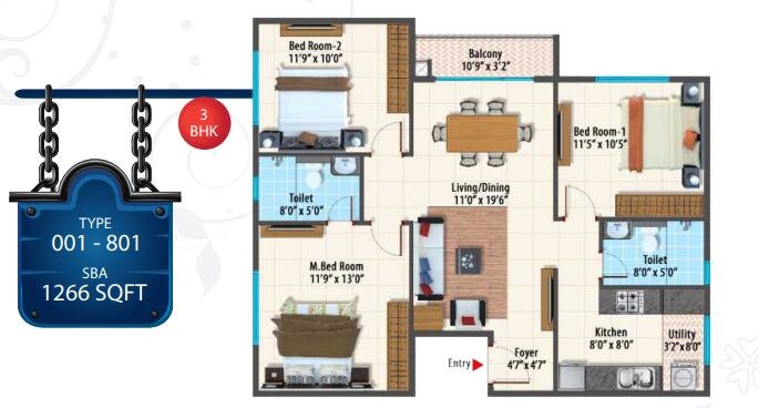 Floor plan of 3 BHK 1266 Sq. Ft. Apartment in Peninsula Paramount, Bangalore