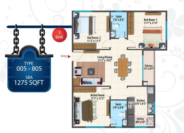 Floor plan of 3 BHK 1275 Sq. Ft. Apartment in Peninsula Paramount, Bangalore